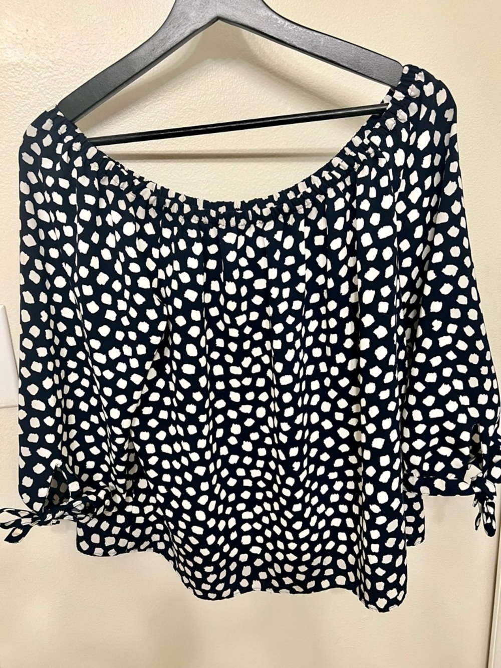 J. Crew Navy and White Off-Shoulder Polka Dot Blouse
